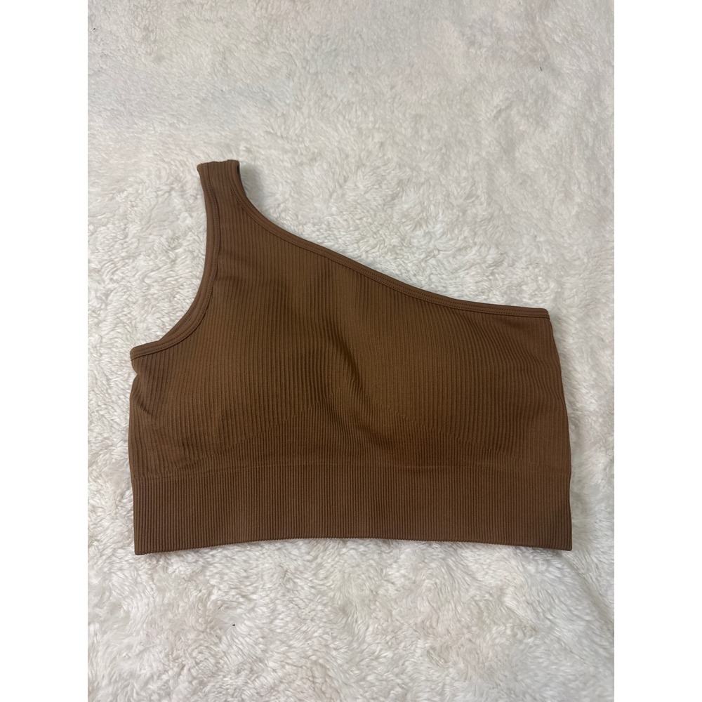 OQQ One Shoulder Sports Bra Womens Small Brown Excellent Ribbed Seamless Crop